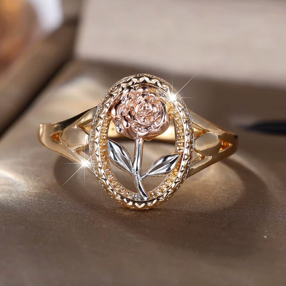 NEW 18k Yellow White Rose Gold Rose Ring Flower Ring Band Tri Tone Ring - Picture 5 of 6